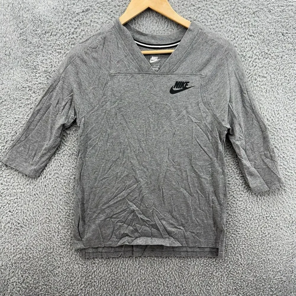 Nike Sports Just Do It Logo Grey V-neck Half Sleeve Shirt Womens Size Small‎